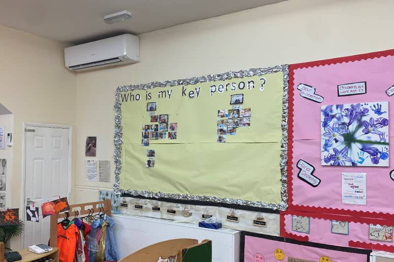 Wall mounted air conditioner installed in a primary school classroom.