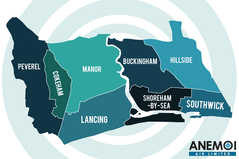 Anemoi Air coverage map of the Adur District highlighting local areas.