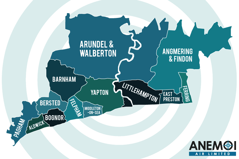 Anemoi Air coverage map of the Arun District highlighting local areas.