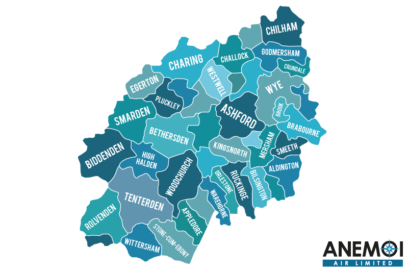 Anemoi Air coverage map of the Borough of Ashford highlighting local areas.