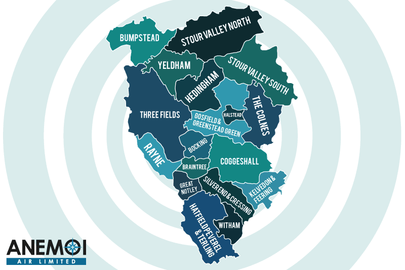 Anemoi Air coverage map of the Braintree District highlighting local areas.