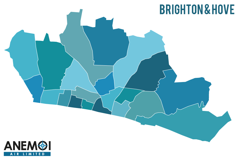 Anemoi Air coverage map of Brighton and Hove highlighting local areas.