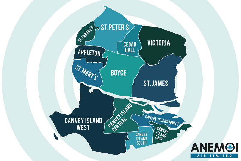 Anemoi Air coverage map of the Castle Point District highlighting local areas.