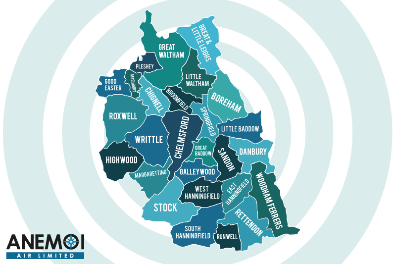 Anemoi Air coverage map of the City of Chelmsford highlighting local areas.