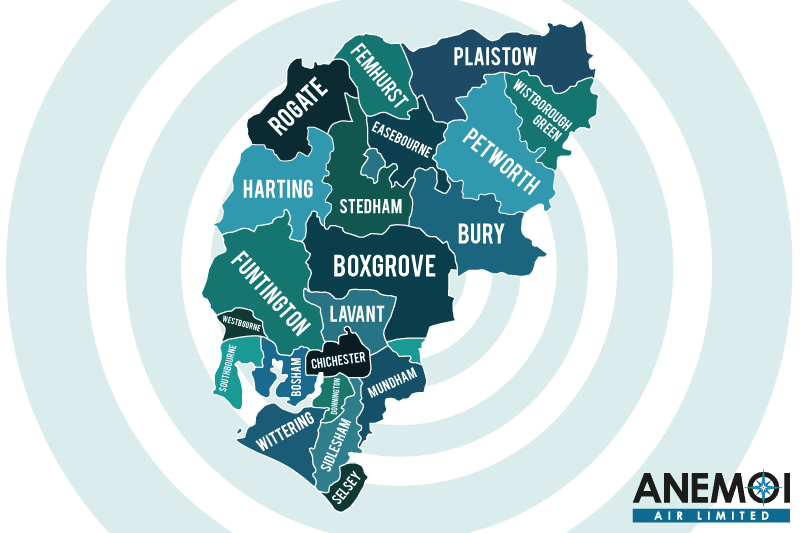 Anemoi Air coverage map of the Chichester District highlighting local areas.
