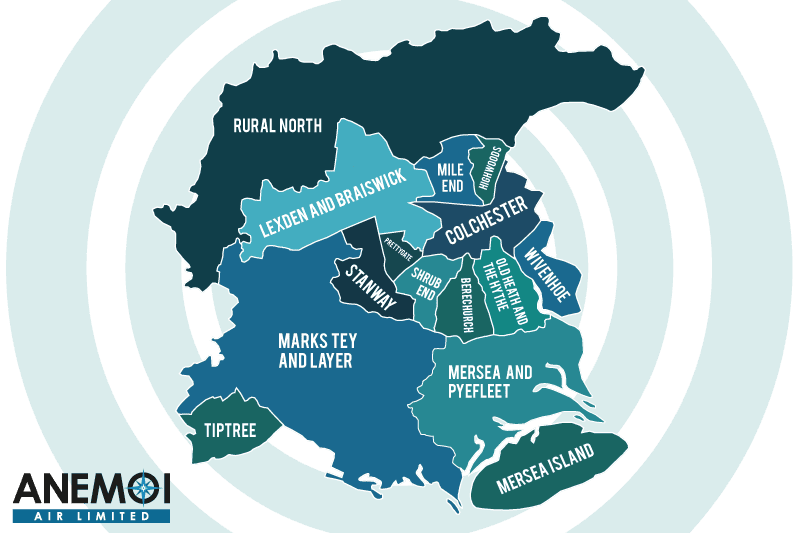 Anemoi Air coverage map of the Borough of Colchester highlighting local areas.