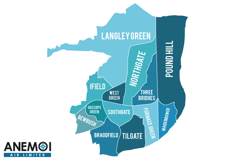 Anemoi Air coverage map of the Borough of Crawley highlighting local areas.