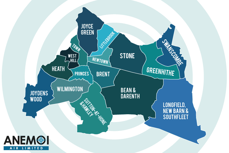 Anemoi Air coverage map of the Borough of Dartford highlighting local areas.