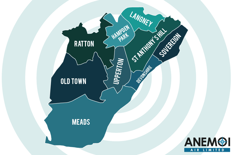 Anemoi Air coverage map of the Eastbourne District highlighting local areas.