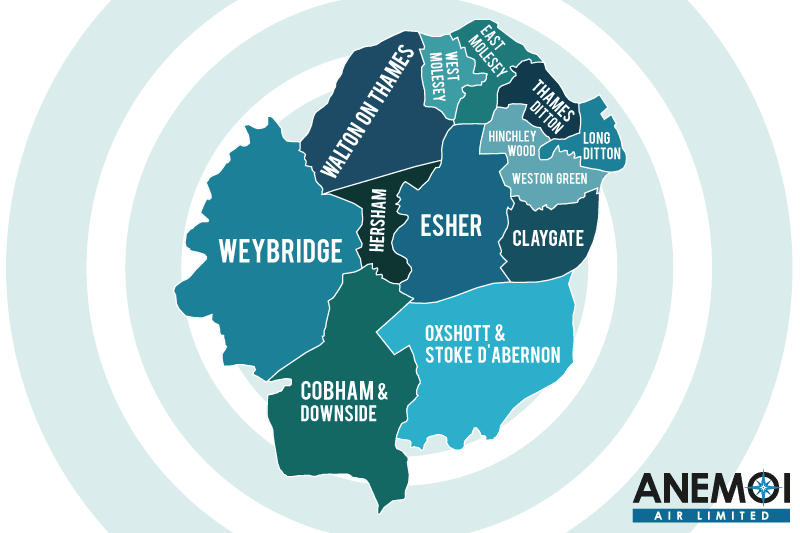 Anemoi Air coverage map of the Borough of Elmbridge highlighting local areas.