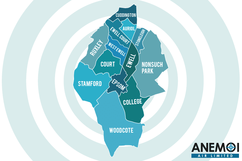 Anemoi Air coverage map of the Epsom and Ewell District highlighting local areas.