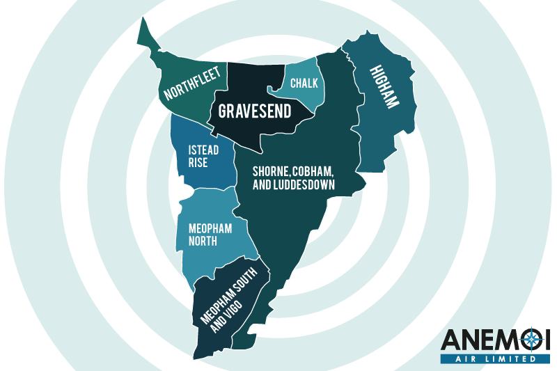 Anemoi Air coverage map of the Gravesham District highlighting local areas.