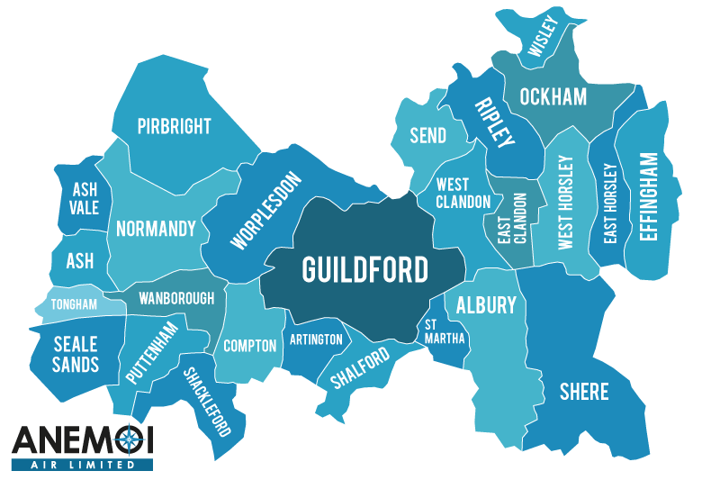 Anemoi Air coverage map highlighting Guildford and surrounding areas.