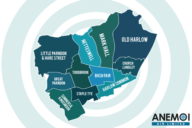 Anemoi Air coverage map of the Harlow District highlighting local areas.