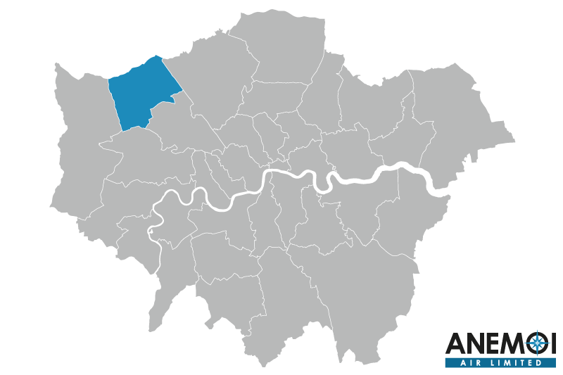 Greater London map with the London Borough of Harrow highlighted.