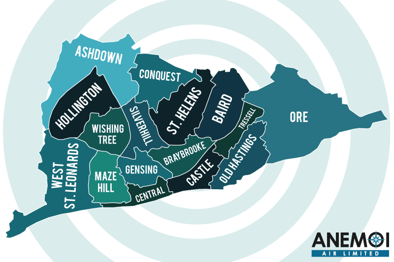 Anemoi Air coverage map of the Hastings District highlighting local areas.