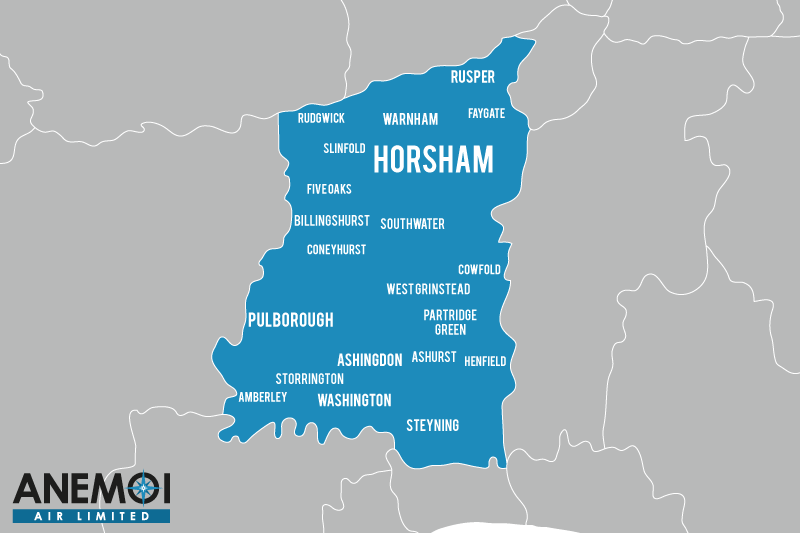 Anemoi Air coverage map of the Horsham District highlighting local areas.