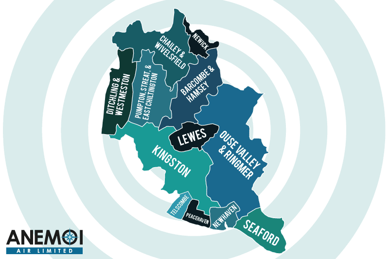 Anemoi Air coverage map of the Lewes District highlighting local areas.