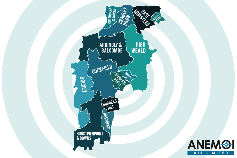 Anemoi Air coverage map of the Mid Sussex District highlighting local areas.