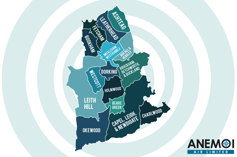 Anemoi Air coverage map of the Mole Valley District highlighting local areas.