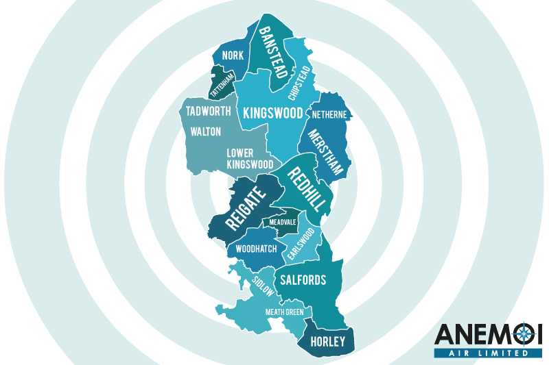 Anemoi Air coverage map of the Borough of Reigate and Banstead highlighting local areas.
