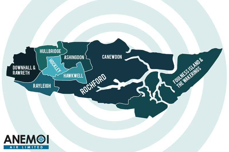 Anemoi Air coverage map of the Rochford District highlighting local areas.