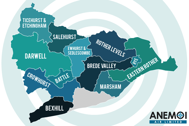 Anemoi Air coverage map of the Rother District highlighting local areas.