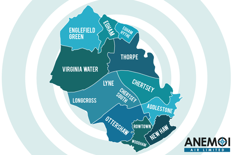 Anemoi Air coverage map of the Borough of Runnymede highlighting local areas.