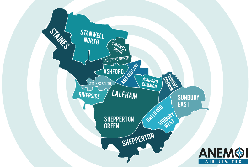 Anemoi Air coverage map of the Spelthorne District highlighting local areas.