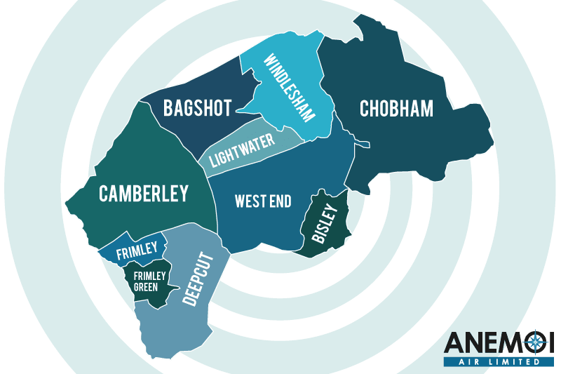 Anemoi Air coverage map of the Surrey Heath District highlighting local areas.