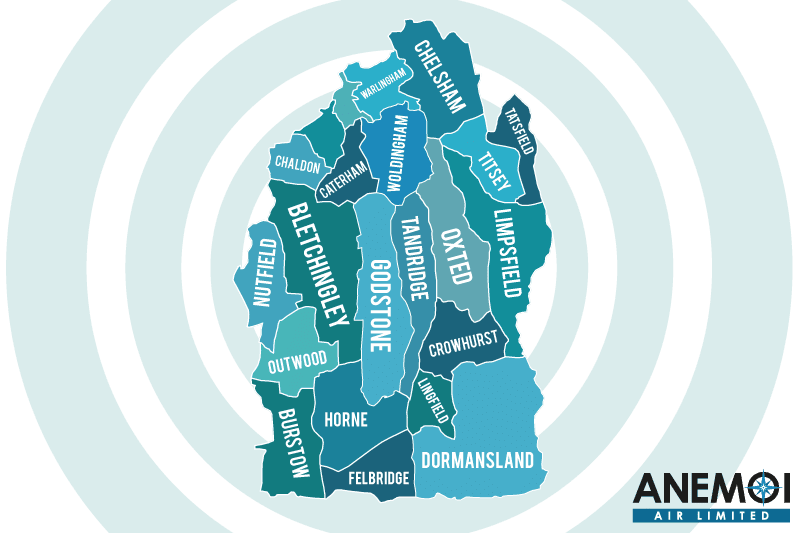 Anemoi Air coverage map of the Tandridge District highlighting local areas.