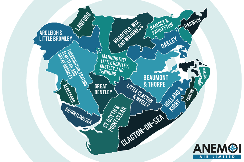 Anemoi Air coverage map of the Tendring District highlighting local areas.