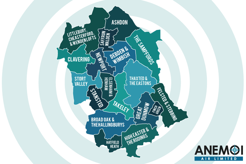 Anemoi Air coverage map of the Uttlesford District highlighting local areas.