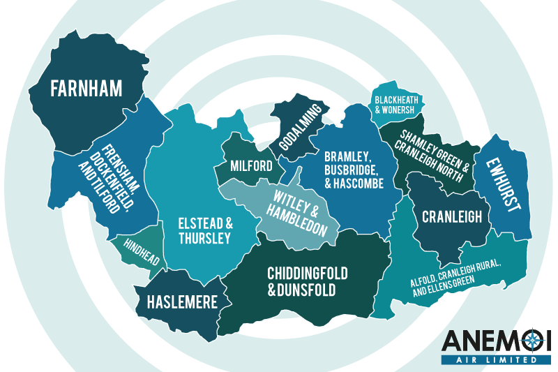 Anemoi Air coverage map of the Borough of Waverley highlighting local areas.