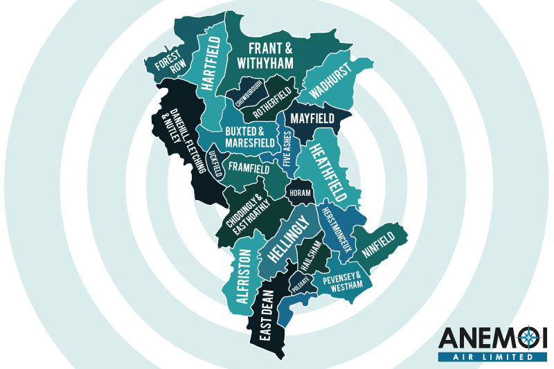 Anemoi Air coverage map of the Wealden District highlighting local areas.