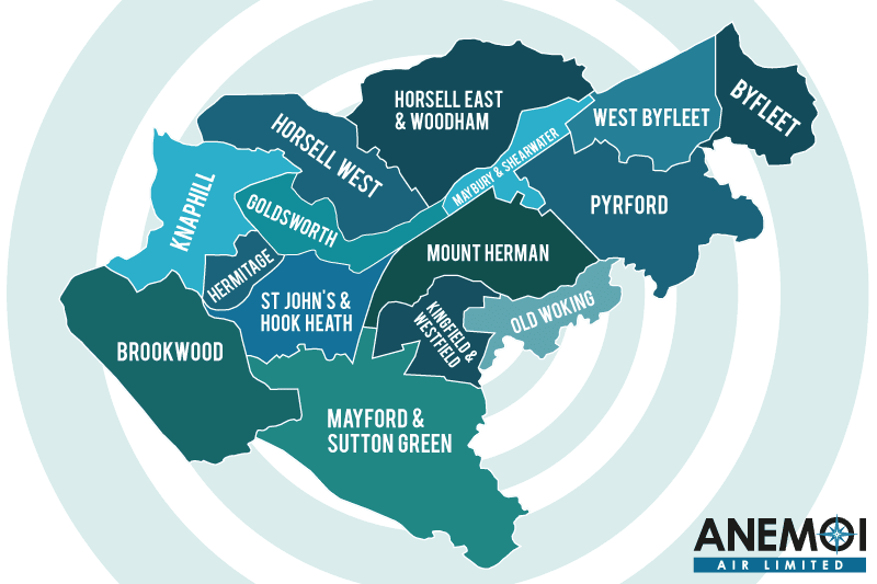 Anemoi Air coverage map of Woking highlighting local areas.