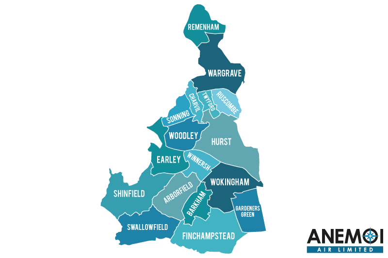 Anemoi Air coverage map of the Borough of Wokingham highlighting local areas.